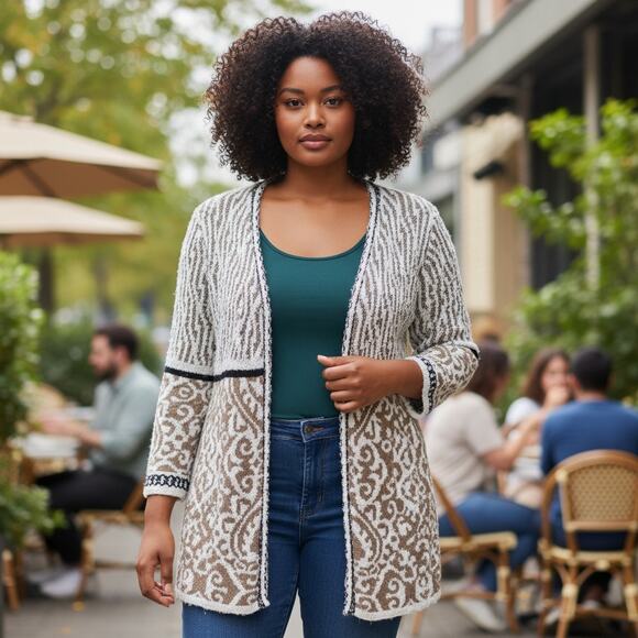 Chico's Luxury Textured Cardigan White Gold Bronze Open Front Size 2 Bouclé Knit - Picture 1 of 10